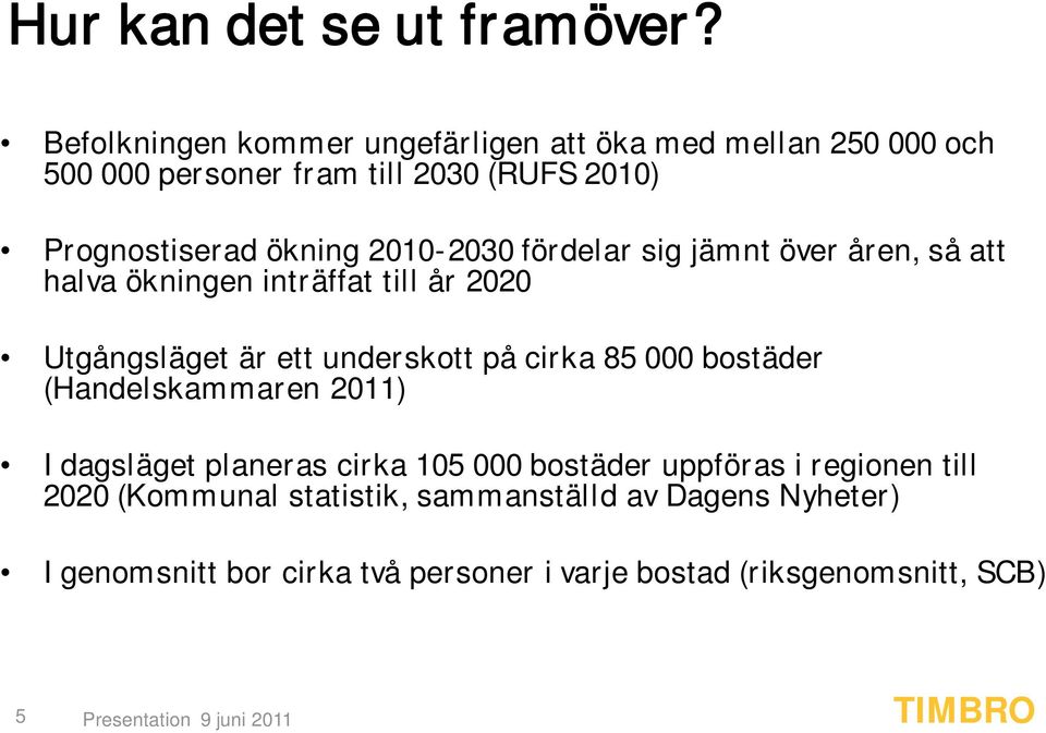 2010-2030 fördelar sig jämnt över åren, så att halva ökningen inträffat till år 2020 Utgångsläget är ett underskott på cirka 85