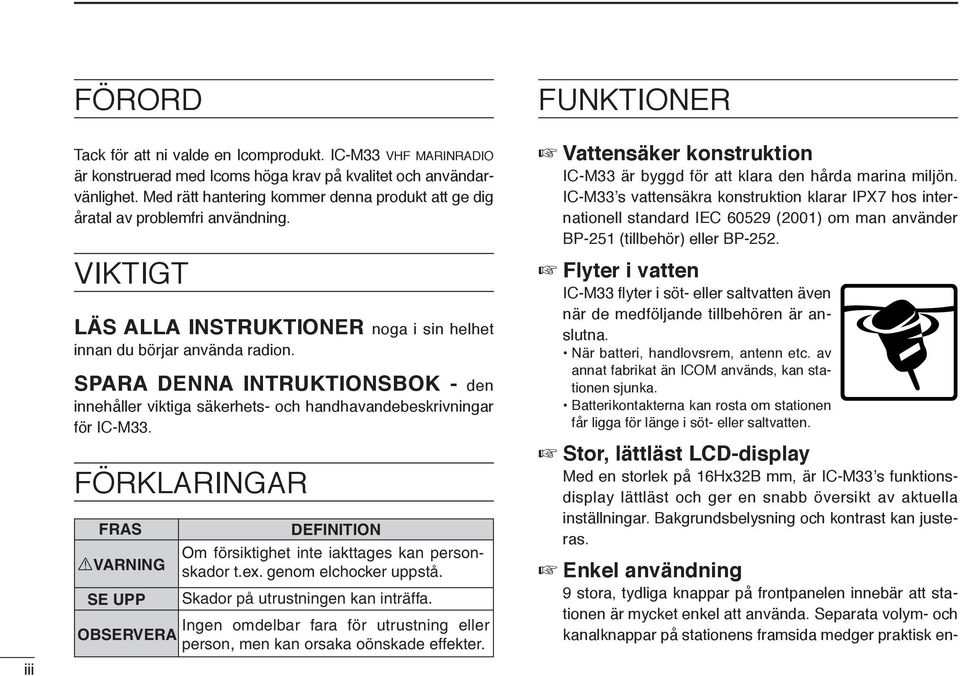 SPARA DENNA INTRUKTIONSBOK - den innehåller viktiga säkerhets- och handhavandebeskrivningar för IC-M33.