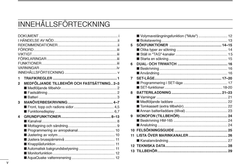 .. 6,7 4 GRUNDFUNKTIONER... 8 13 Kanalval... 8 Mottagning och sändning... 9 Programmering av anropskanal... 10 Justering av volym... 10 Justera brusspärrsnivå... 11 Knapplåsfunktion.