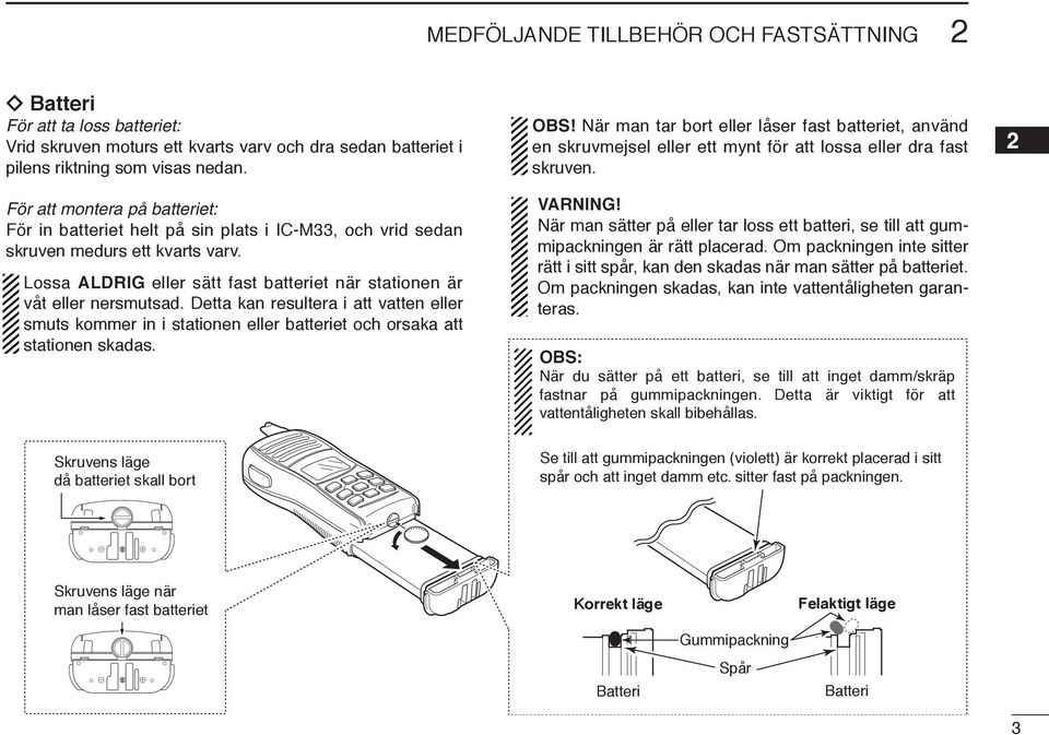 Detta kan resultera i att vatten eller smuts kommer in i stationen eller batteriet och orsaka att stationen skadas. OBS!