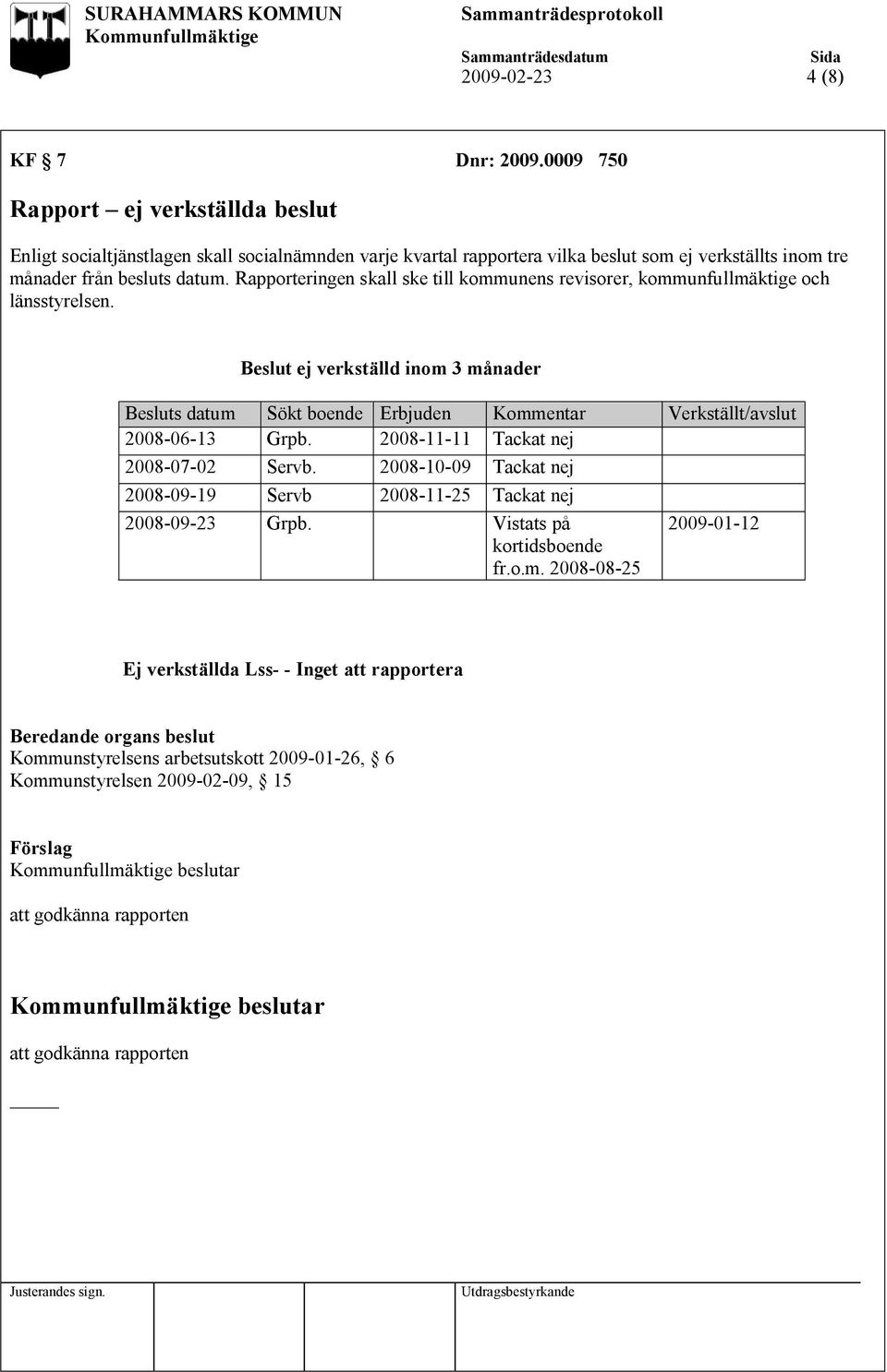 Rapporteringen skall ske till kommunens revisorer, kommunfullmäktige och länsstyrelsen.