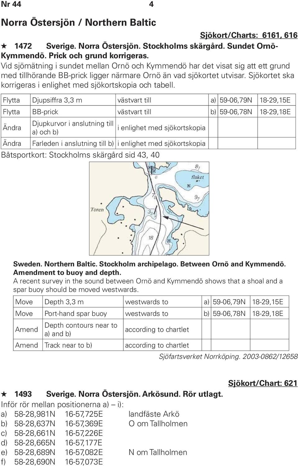 Sjökortet ska korrigeras i enlighet med sjökortskopia och tabell.