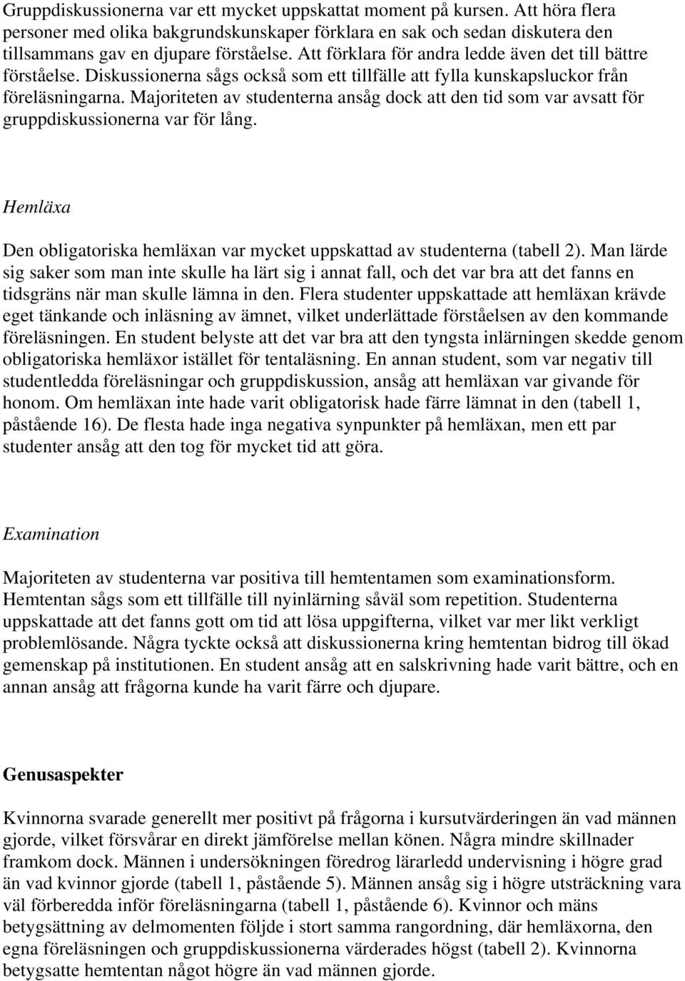 Majoriteten av studenterna ansåg dock att den tid som var avsatt för gruppdiskussionerna var för lång. Hemläxa Den obligatoriska hemläxan var mycket uppskattad av studenterna (tabell 2).