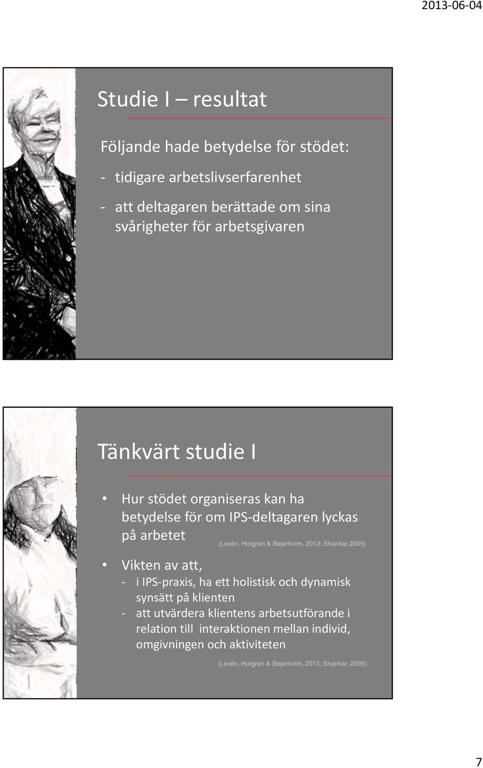 Bejerholm, 2013; Shankar,2005) Vikten av att, i IPS praxis, ha ett holistisk och dynamisk synsätt på klienten att utvärdera