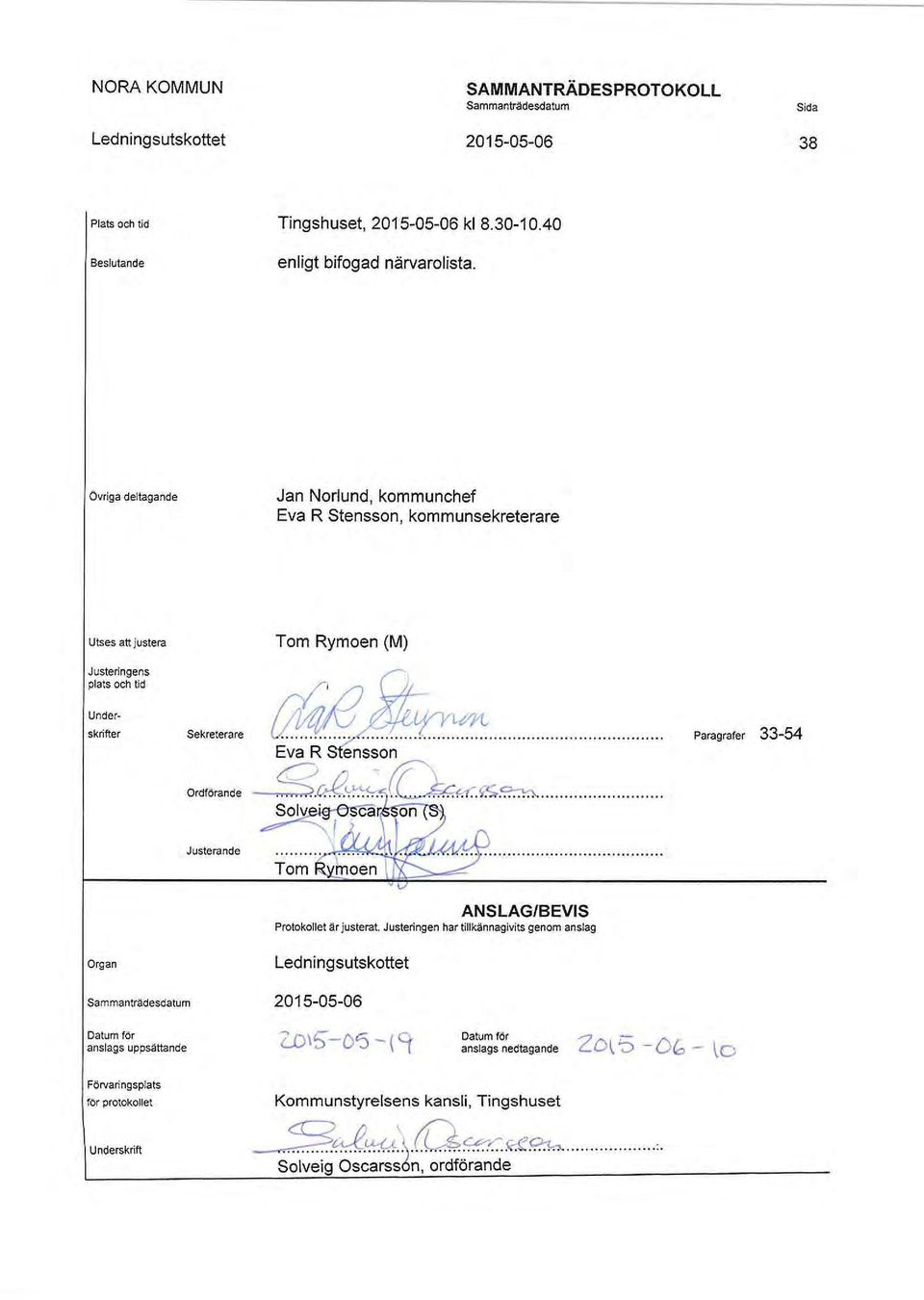 Ordförande f!!!jb Pa"'grafer ~cj?~. fi0':.e;.~.......... 33-54 Justerande ANSLAG/BEVIS Protokollet är justerat.