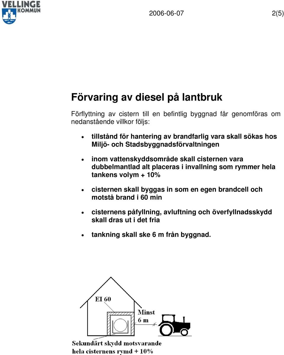 cisternen vara dubbelmantlad alt placeras i invallning som rymmer hela tankens volym + 10% cisternen skall byggas in som en egen brandcell