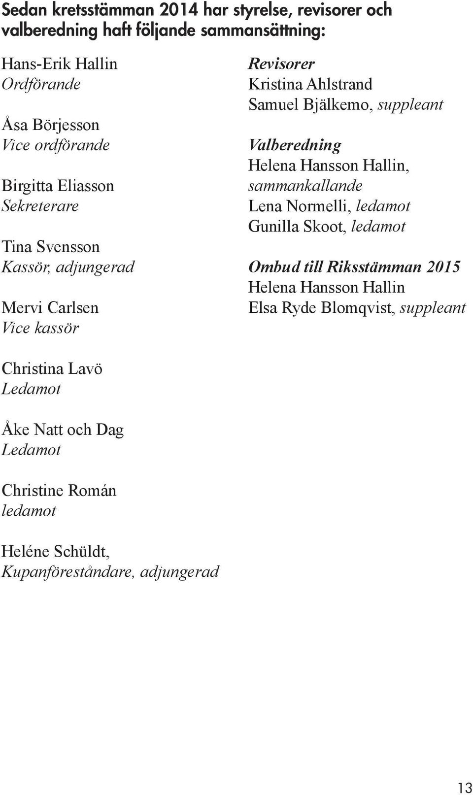 suppleant Valberedning Helena Hansson Hallin, sammankallande Lena Normelli, ledamot Gunilla Skoot, ledamot Ombud till Riksstämman 2015 Helena