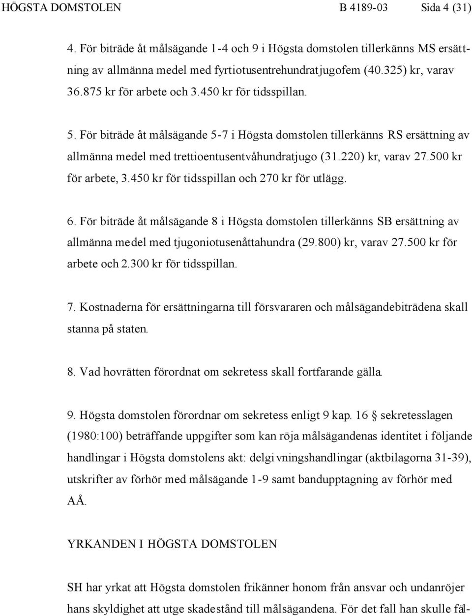 500 kr för arbete, 3.450 kr för tidsspillan och 270 kr för utlägg. 6. För biträde åt målsägande 8 i Högsta domstolen tillerkänns SB ersättning av allmänna medel med tjugoniotusenåttahundra (29.