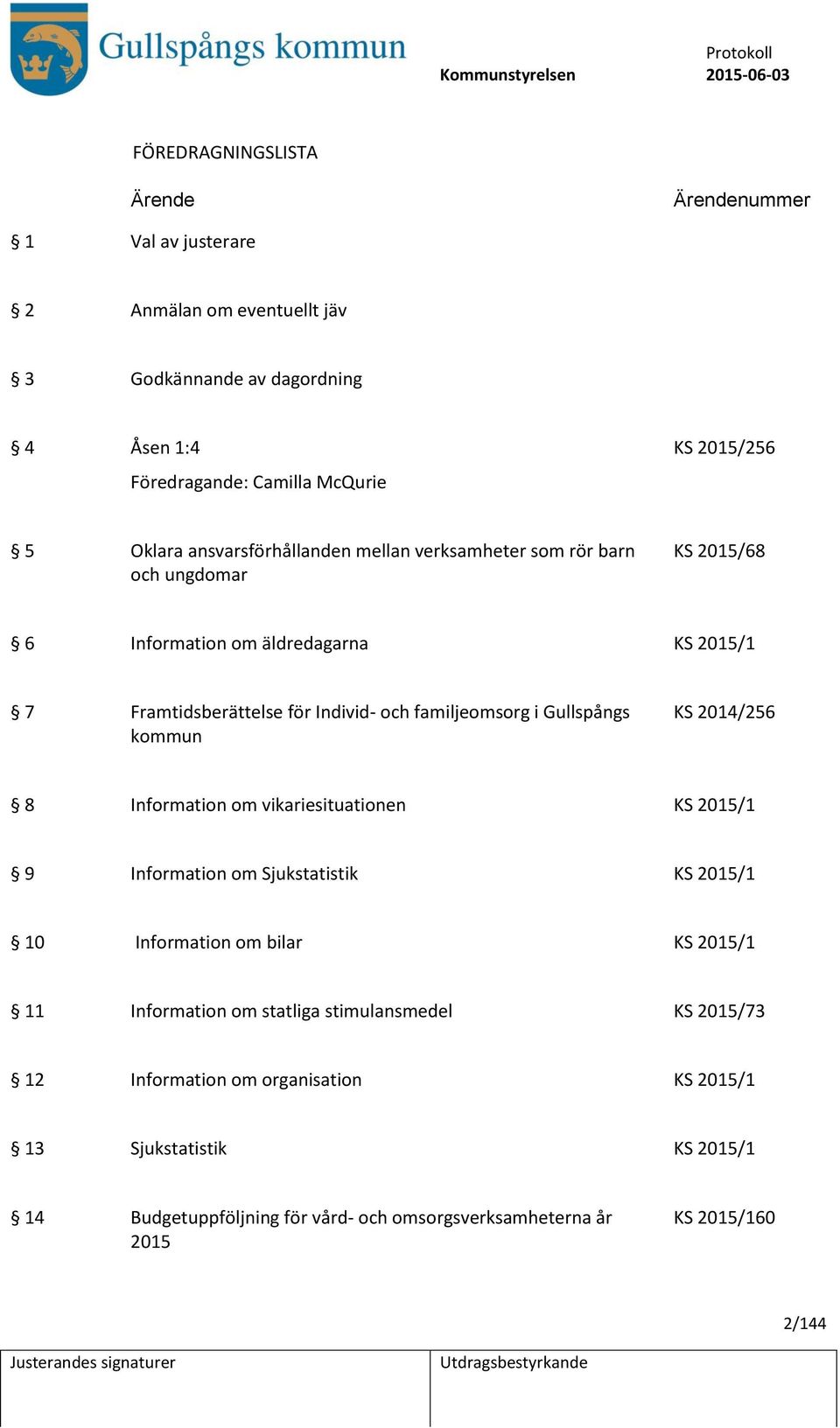 Gullspångs kommun KS 2014/256 8 Information om vikariesituationen KS 2015/1 9 Information om Sjukstatistik KS 2015/1 10 Information om bilar KS 2015/1 11 Information om