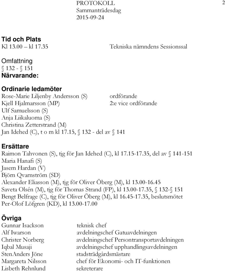 Liikaluoma (S) Christina Zetterstrand (M) Jan Idehed (C), t o m kl 17.15, 132 - del av 141 Ersättare Raimon Tahvonen (S), tjg för Jan Idehed (C), kl 17.15-17.