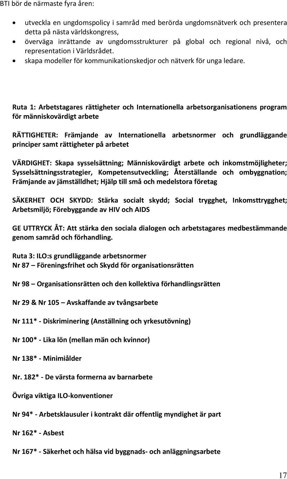 Ruta 1: Arbetstagares rättigheter och Internationella arbetsorganisationens program för människovärdigt arbete RÄTTIGHETER: Främjande av Internationella arbetsnormer och grundläggande principer samt