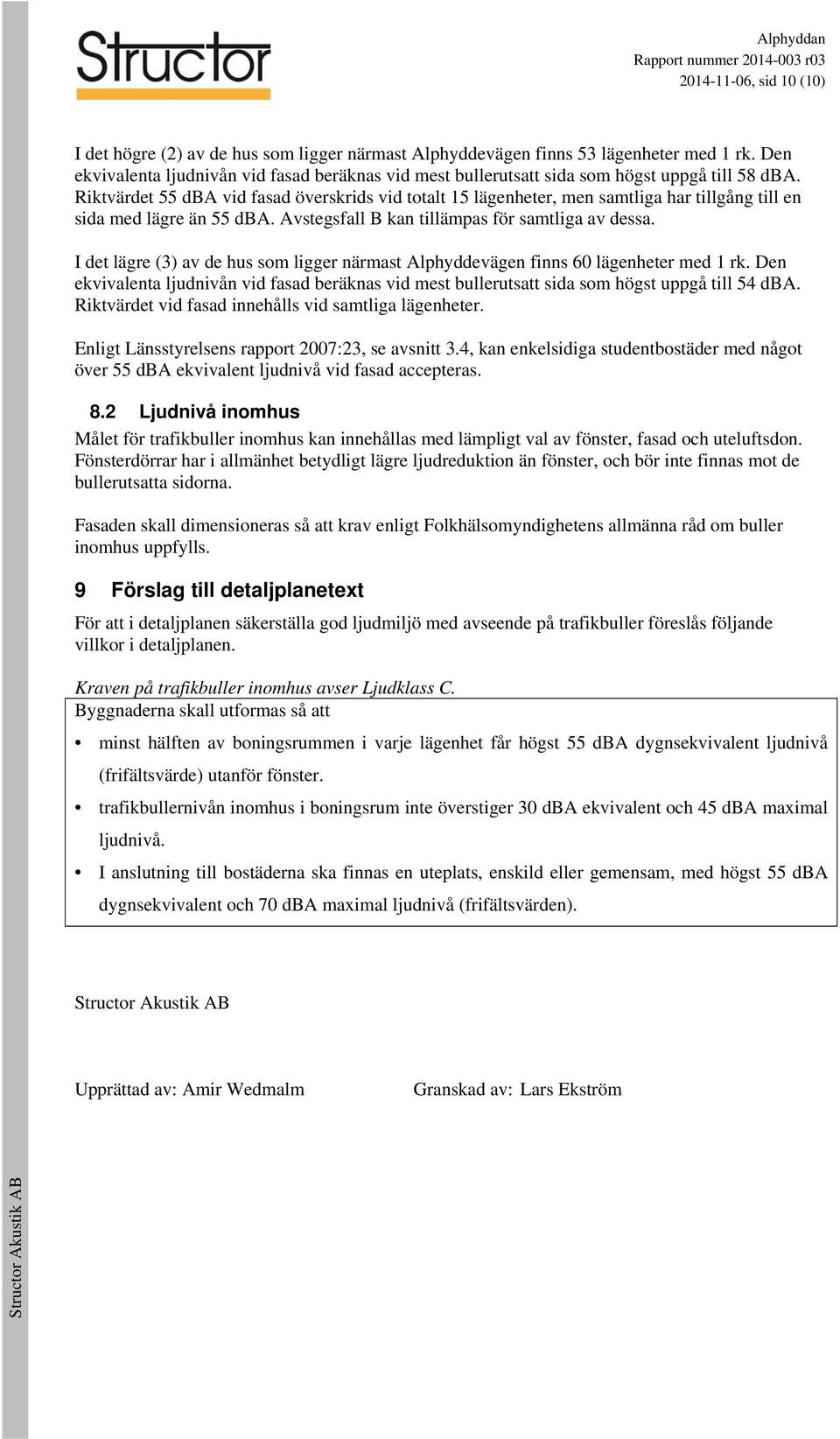 Riktvärdet 55 dba vid fasad överskrids vid totalt 15 lägenheter, men samtliga har tillgång till en sida med lägre än 55 dba. Avstegsfall B kan tillämpas för samtliga av dessa.