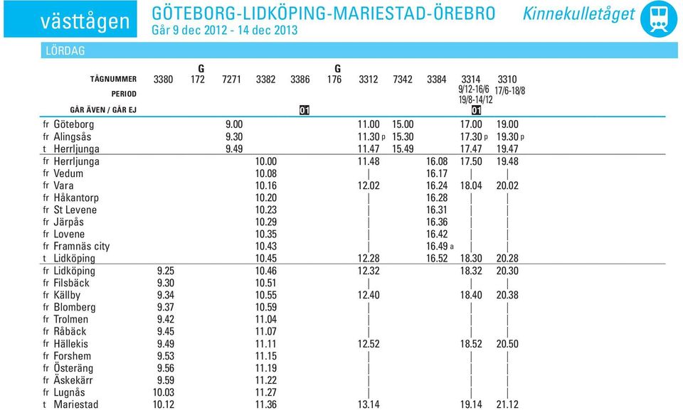 08 16.17 fr Vara 10.16 12.02 16.24 18.04 20.02 fr Håkantorp 10.20 16.28 fr St Levene 10.23 16.31 fr Järpås 10.29 16.36 fr Lovene 10.35 16.42 fr Framnäs city 10.43 16.49 a t Lidköping 10.45 12.28 16.