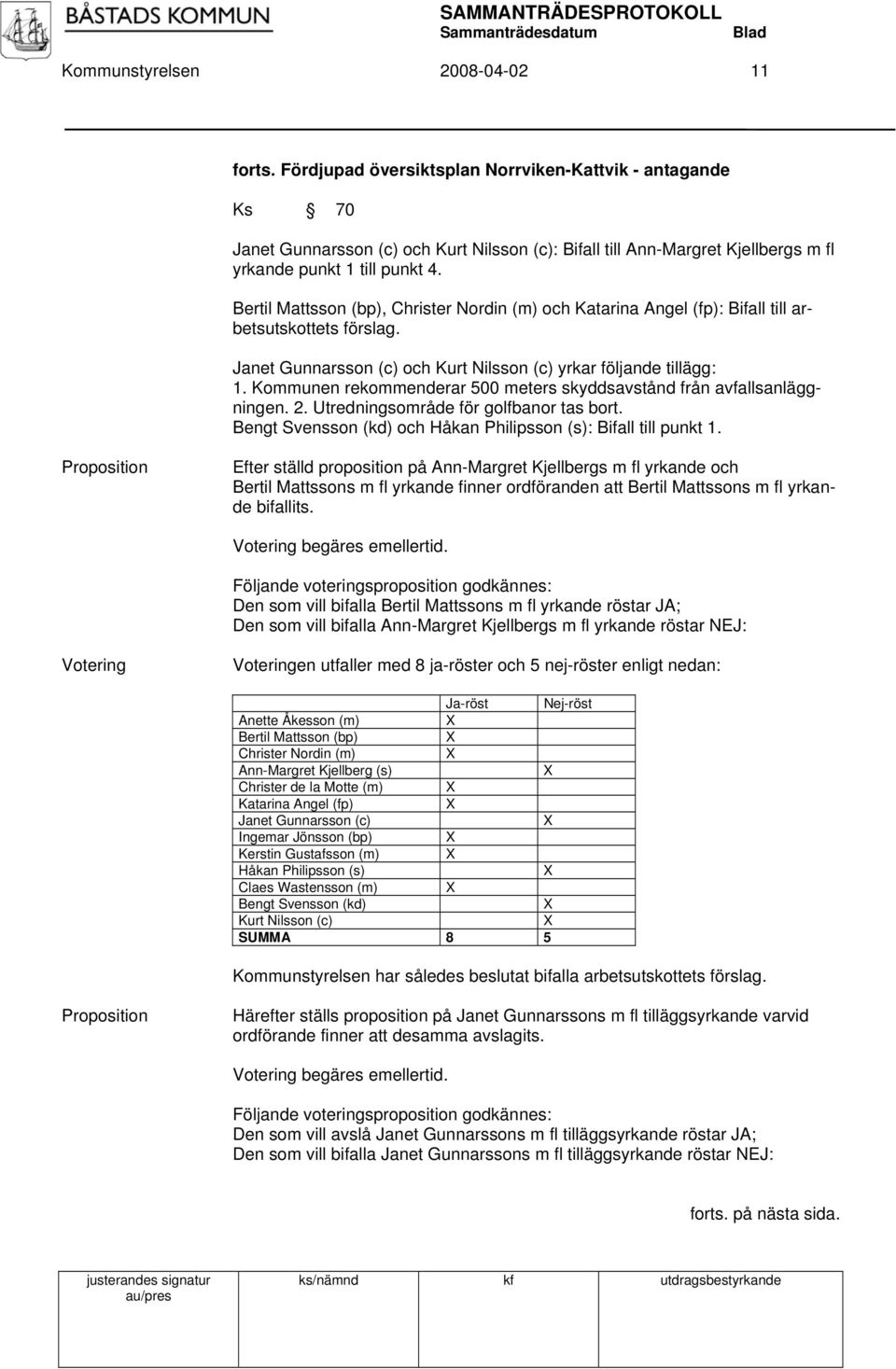 Bertil Mattsson (bp), Christer Nordin (m) och Katarina Angel (fp): Bifall till arbetsutskottets förslag. Janet Gunnarsson (c) och Kurt Nilsson (c) yrkar följande tillägg: 1.