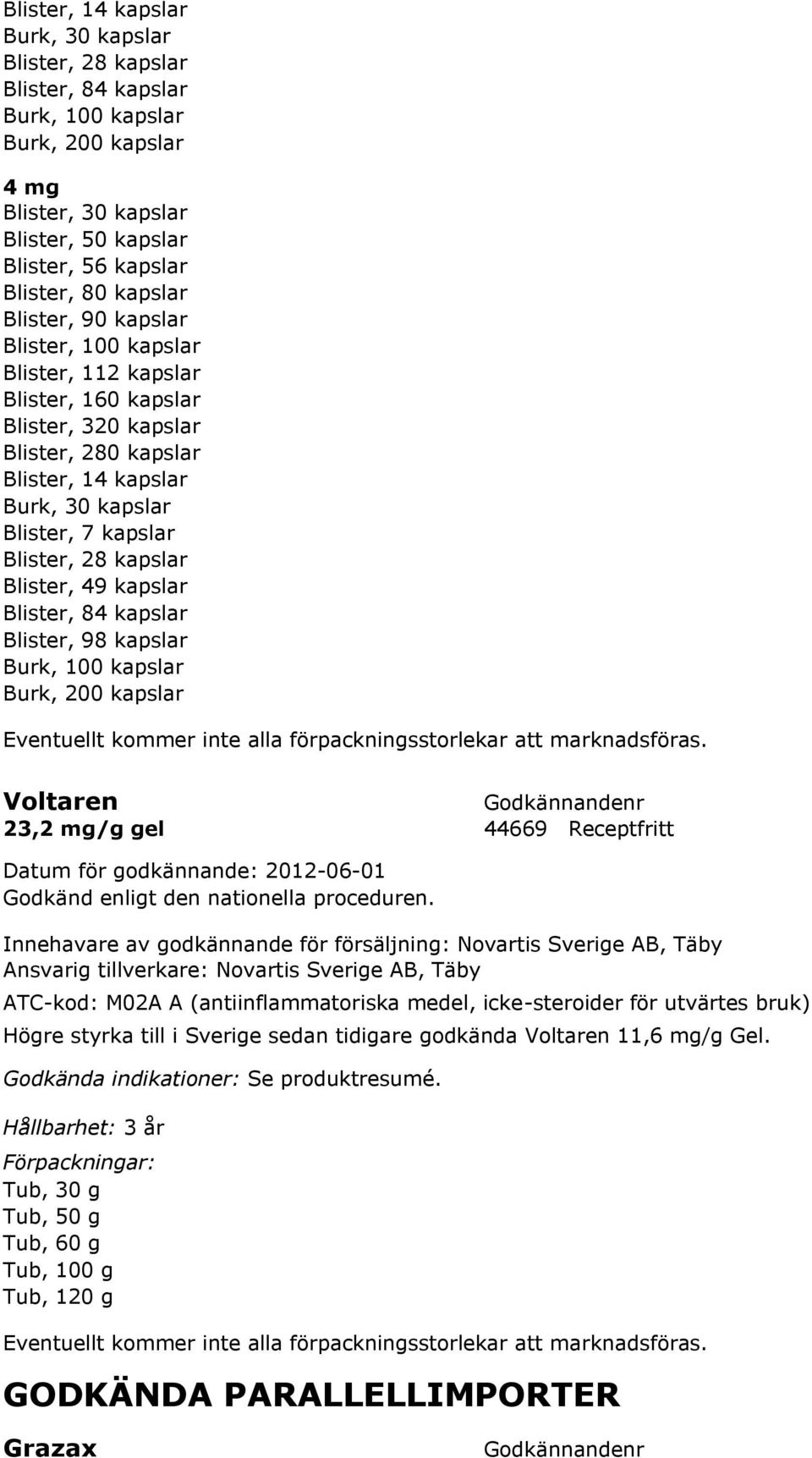 kapslar Blister, 49 kapslar Blister, 84 kapslar Blister, 98 kapslar Burk, 100 kapslar Burk, 200 kapslar Voltaren 23,2 mg/g gel 44669 Receptfritt Godkänd enligt den nationella proceduren.