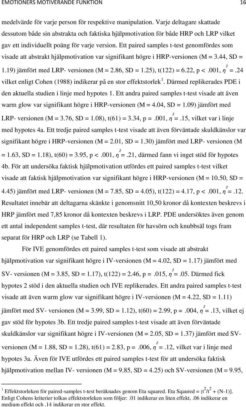 Ett paired samples t-test genomfördes som visade att abstrakt hjälpmotivation var signifikant högre i HRP-versionen (M = 3.44, SD = 1.19) jämfört med LRP- versionen (M = 2.86, SD = 1.25), t(122) = 6.