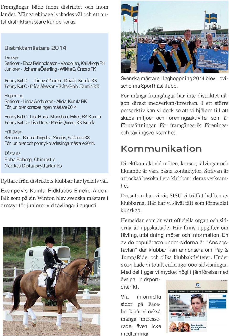 korades ingen mästare 2014 Ponny Kat C - Lisa Huss - Munsboro Riker, RK Kumla Fälttävlan För juniorer och ponny korades inga mästare 2014.