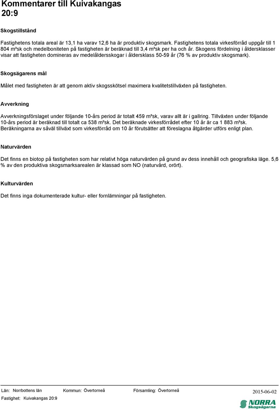 Skogens fördelning i åldersklasser visar att fastigheten domineras av medelåldersskogar i åldersklass 5-59 år (76 av produktiv skogsmark).