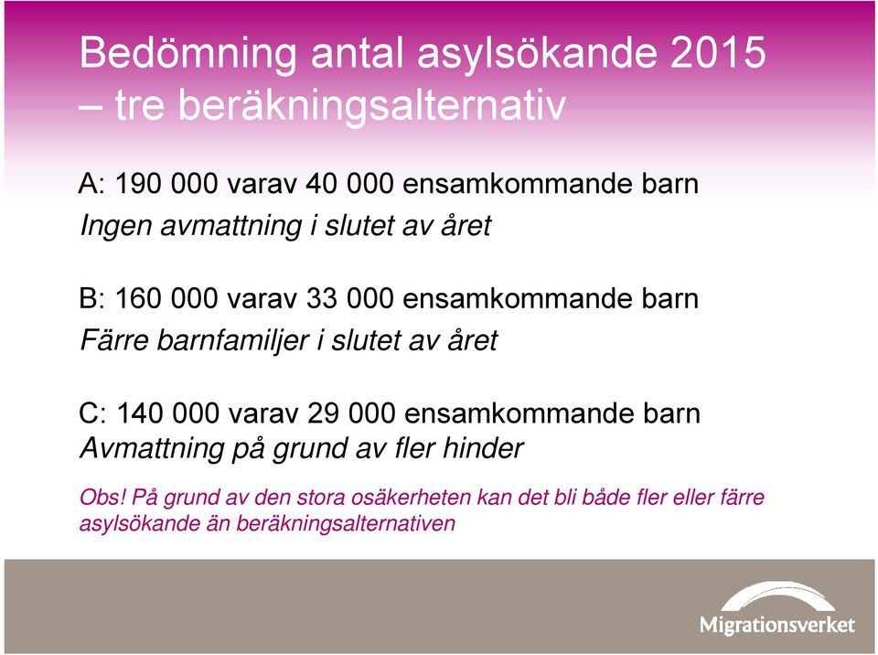 slutet av året C: 140 000 varav 29 000 ensamkommande barn Avmattning på grund av fler hinder Obs!