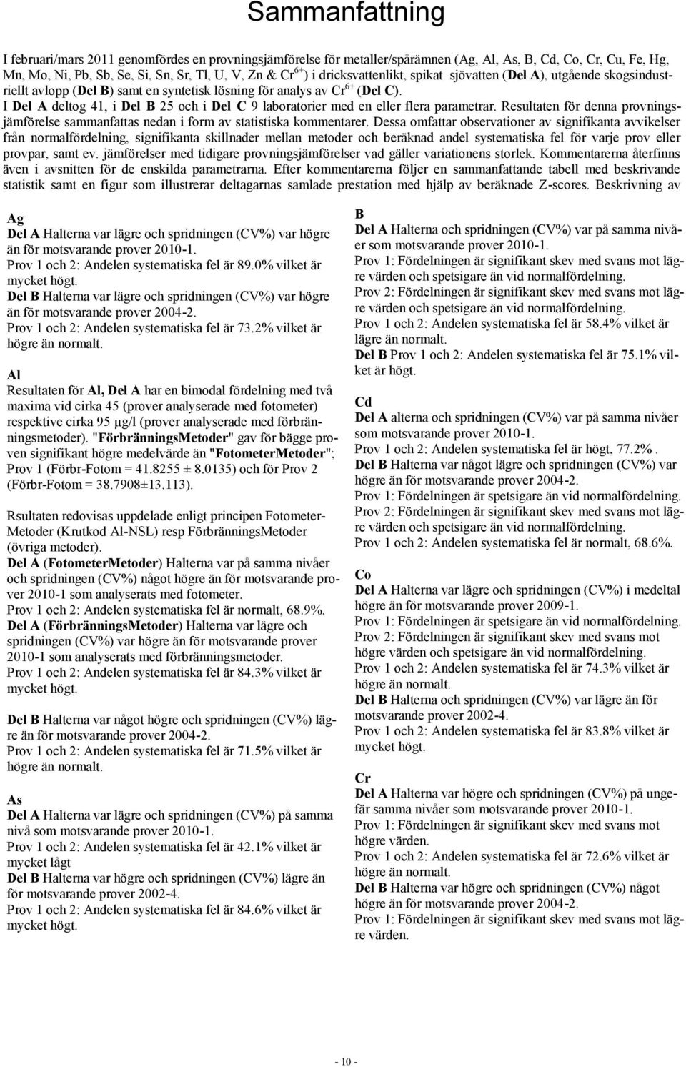 I Del A deltog 4, i Del B 5 och i Del C 9 laboratorier med en eller flera parametrar. Resultaten för denna provningsjämförelse sammanfattas nedan i form av statistiska kommentarer.