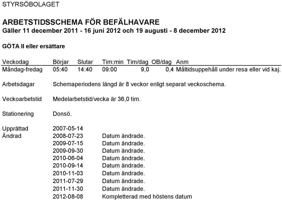 vid kaj. Schemaperiodens längd är 8 veckor enligt separat veckoschema.