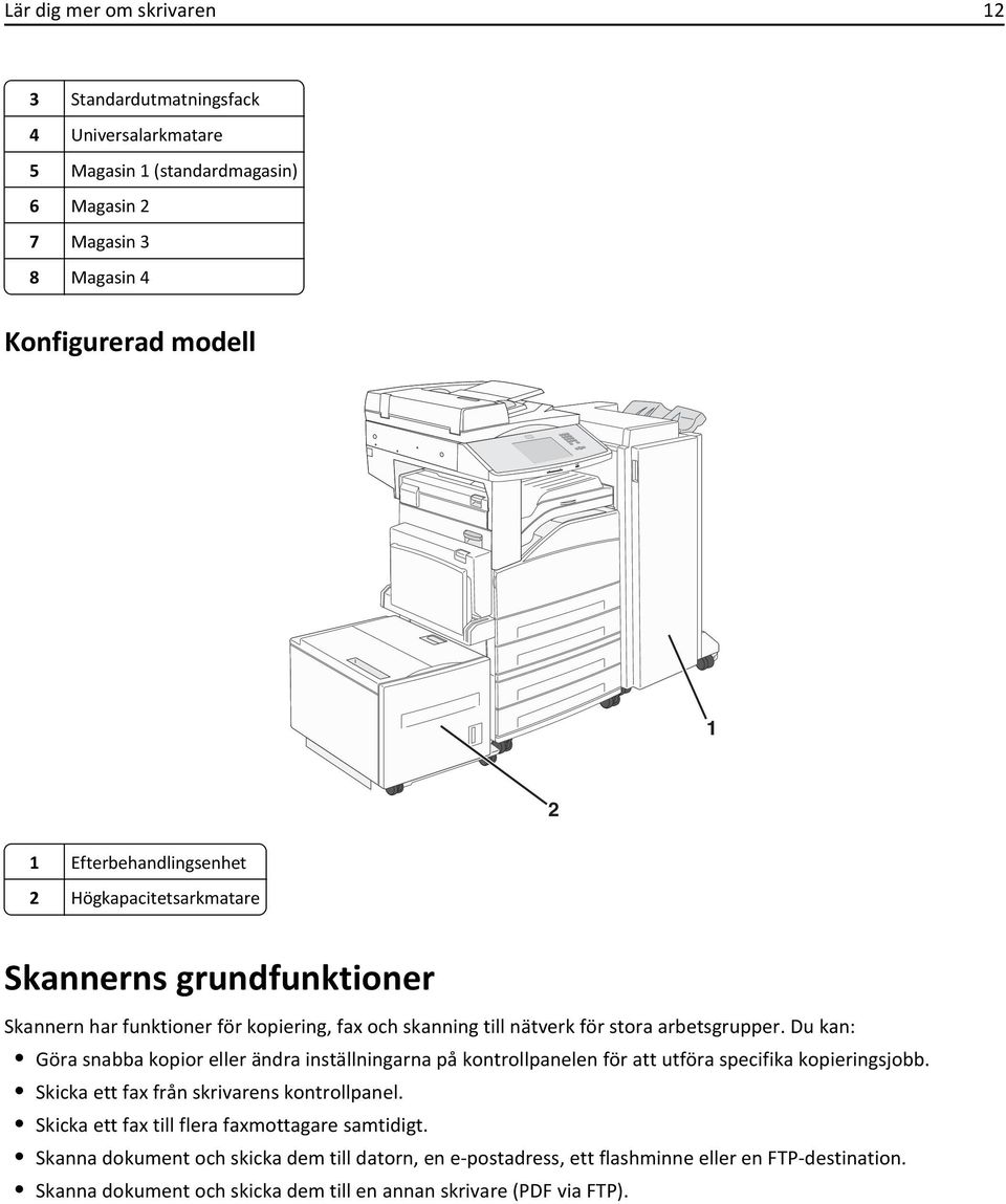 Du kan: Göra snabba kopior eller ändra inställningarna på kontrollpanelen för att utföra specifika kopieringsjobb. Skicka ett fax från skrivarens kontrollpanel.