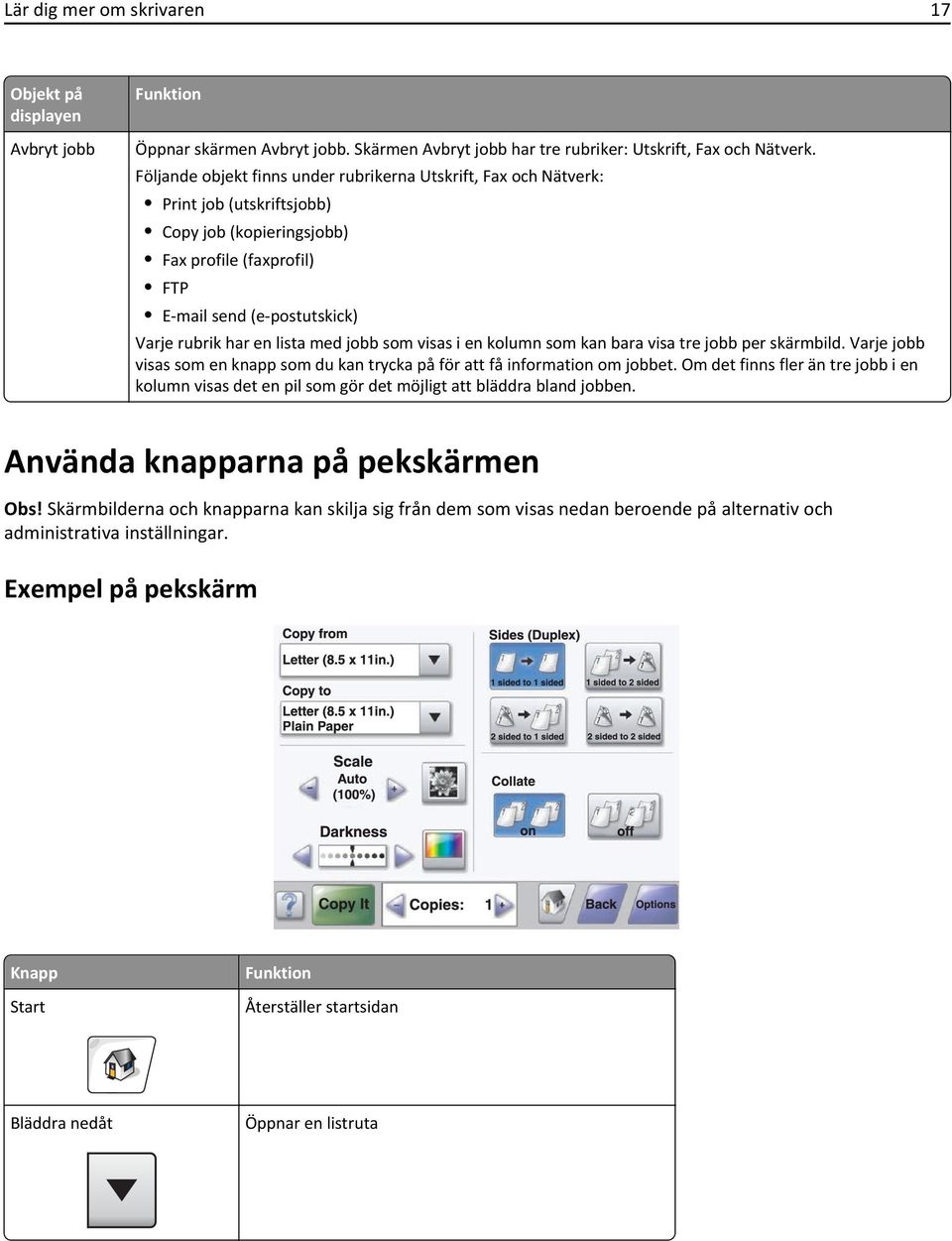 med jobb som visas i en kolumn som kan bara visa tre jobb per skärmbild. Varje jobb visas som en knapp som du kan trycka på för att få information om jobbet.