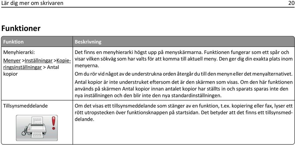 Om du rör vid något av de understrukna orden återgår du till den menyn eller det menyalternativet. Antal kopior är inte understruket eftersom det är den skärmen som visas.