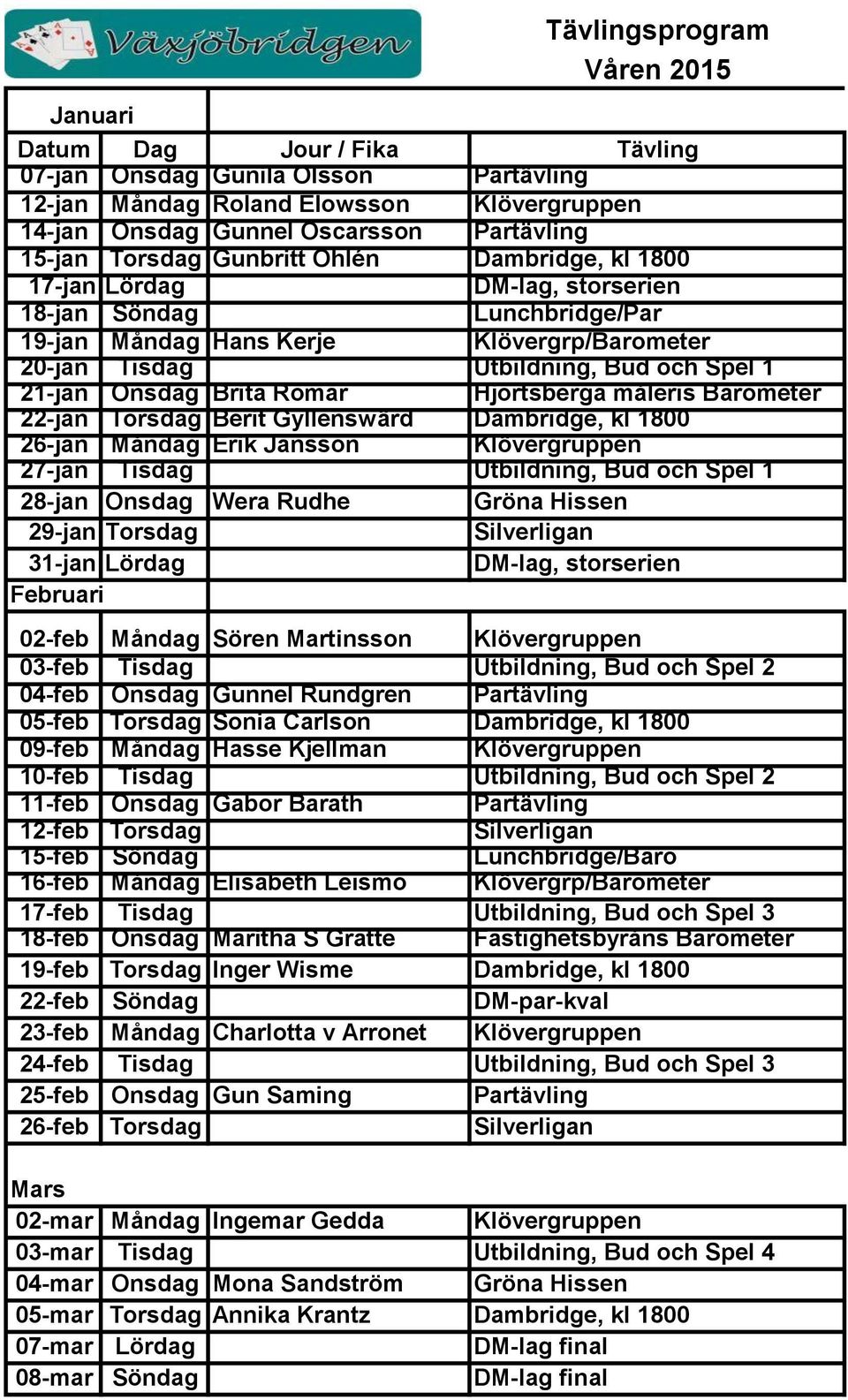 Onsdag Brita Romar Hjortsberga måleris Barometer 22-jan Torsdag Berit Gyllenswärd Dambridge, kl 1800 26-jan Måndag Erik Jansson Klövergruppen 27-jan Tisdag Utbildning, Bud och Spel 1 28-jan Onsdag