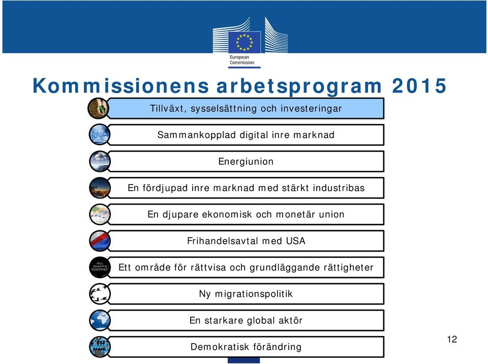 djupare ekonomisk och monetär union Frihandelsavtal med USA Ett område för rättvisa och