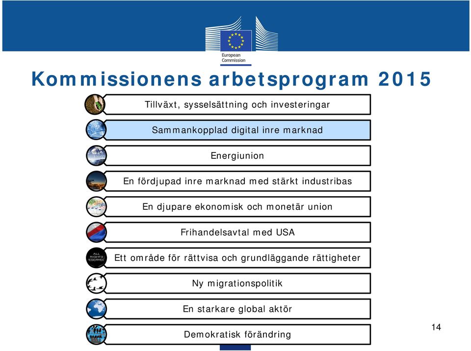 djupare ekonomisk och monetär union Frihandelsavtal med USA Ett område för rättvisa och