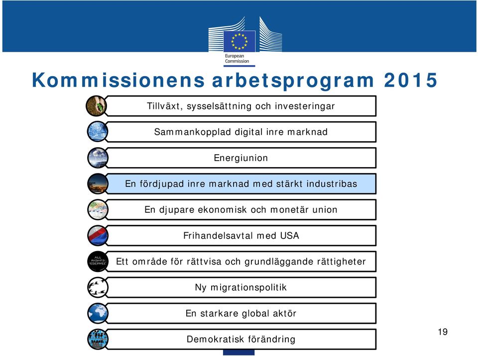 djupare ekonomisk och monetär union Frihandelsavtal med USA Ett område för rättvisa och