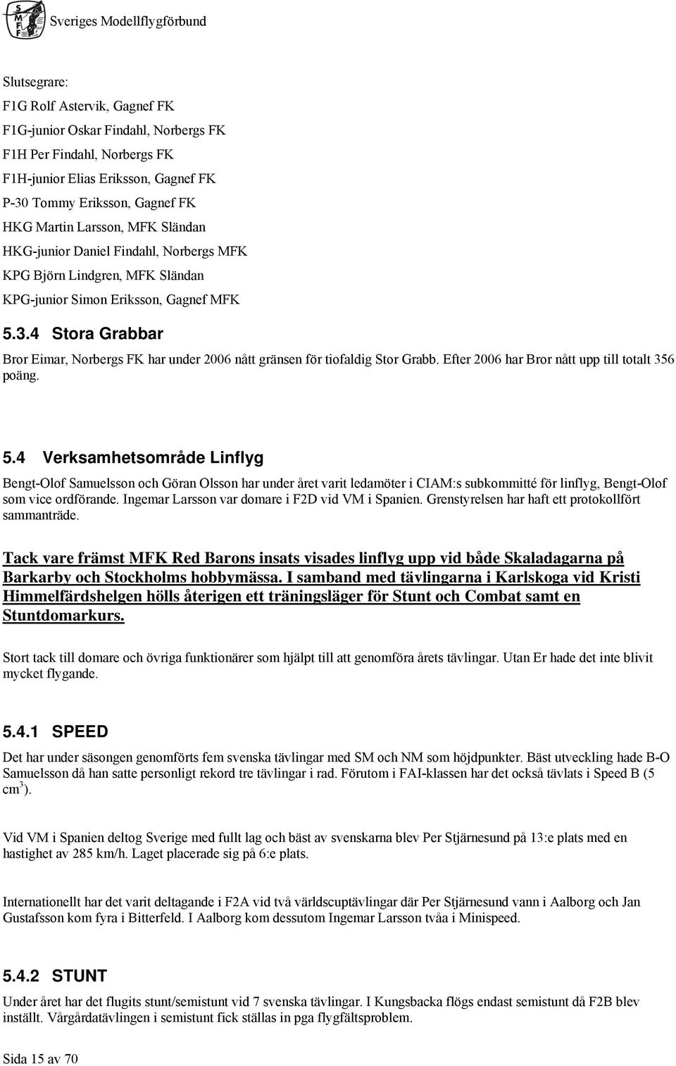 4 Stora Grabbar Bror Eimar, Norbergs FK har under 2006 nått gränsen för tiofaldig Stor Grabb. Efter 2006 har Bror nått upp till totalt 356 poäng. 5.