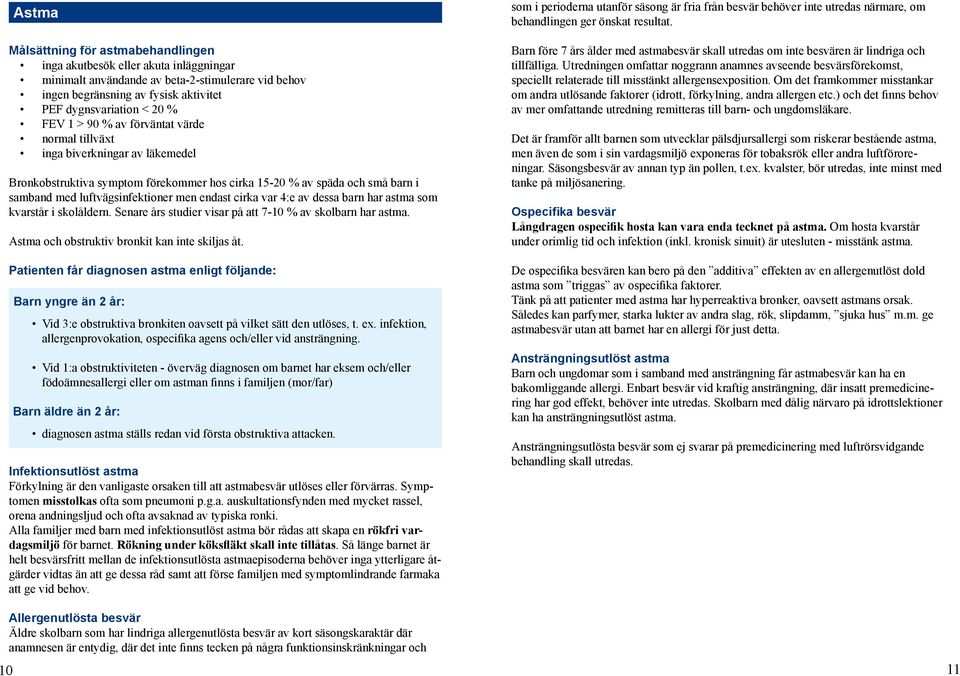 var 4:e av dessa barn har astma som kvarstår i skolåldern. Senare års studier visar på att 7-10 % av skolbarn har astma. Astma och obstruktiv bronkit kan inte skiljas åt.