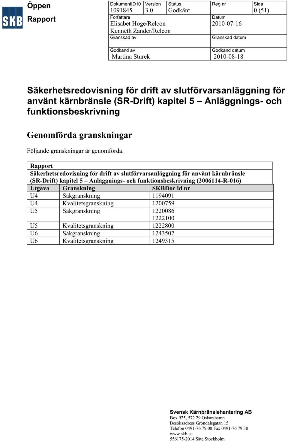 Säkerhetsredovisning för drift av slutförvarsanläggning för använt kärnbränsle (SR-Drift) kapitel 5 Anläggnings- och funktionsbeskrivning Genomförda granskningar Följande granskningar är genomförda.