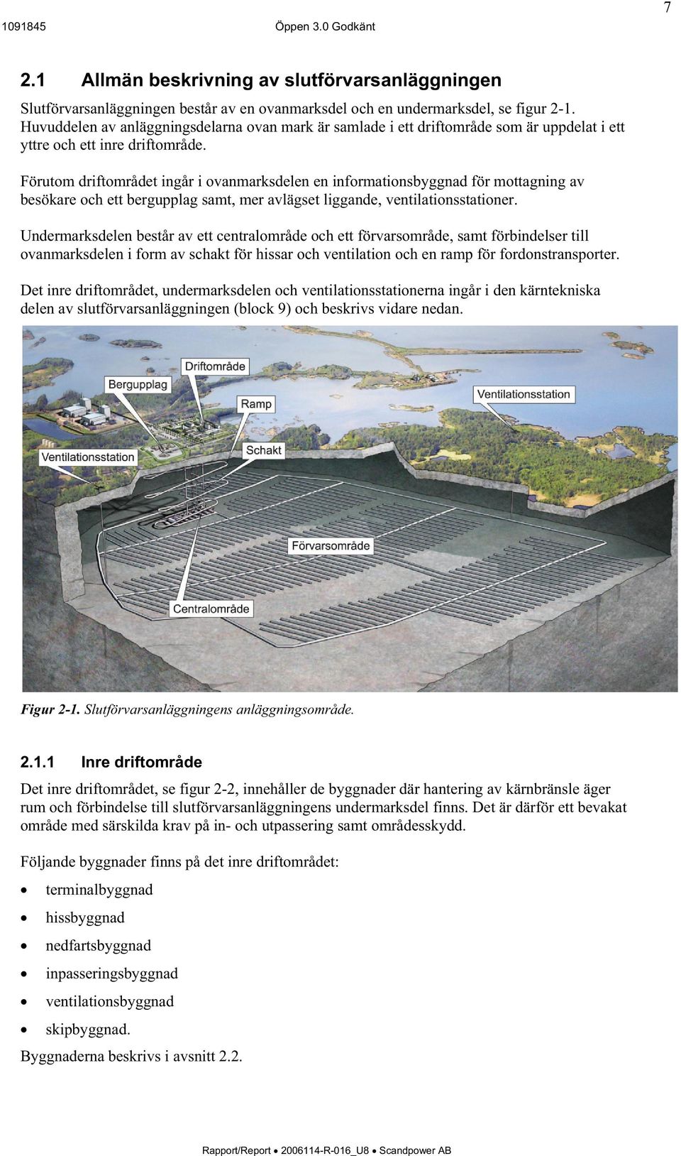 Förutom driftområdet ingår i ovanmarksdelen en informationsbyggnad för mottagning av besökare och ett bergupplag samt, mer avlägset liggande, ventilationsstationer.