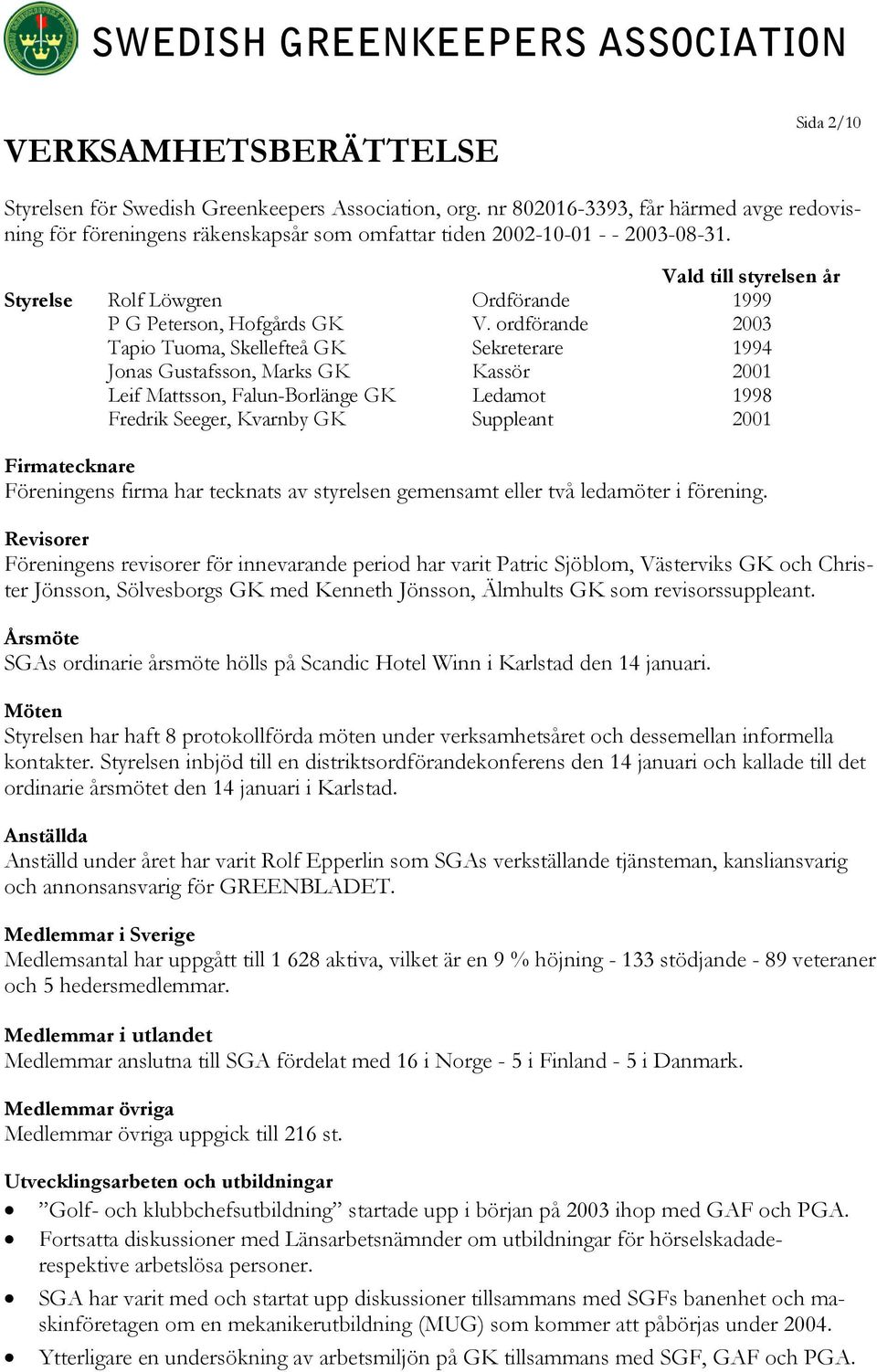 Vald till styrelsen år Styrelse Rolf Löwgren Ordförande 1999 P G Peterson, Hofgårds GK V.