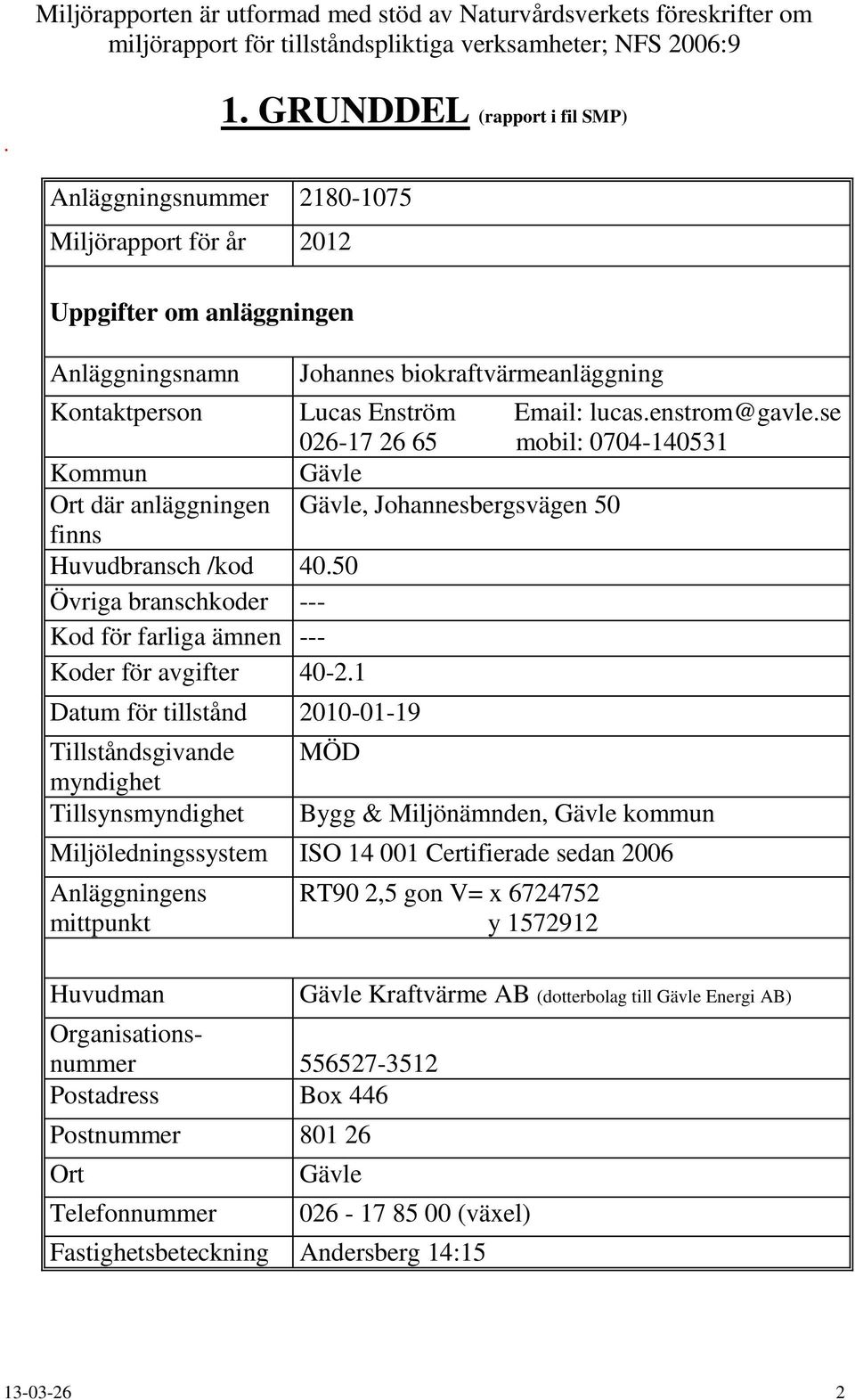 enstrom@gavle.se 026-17 26 65 mobil: 0704-140531 Kommun Gävle Ort där anläggningen Gävle, Johannesbergsvägen 50 finns Huvudbransch /kod 40.