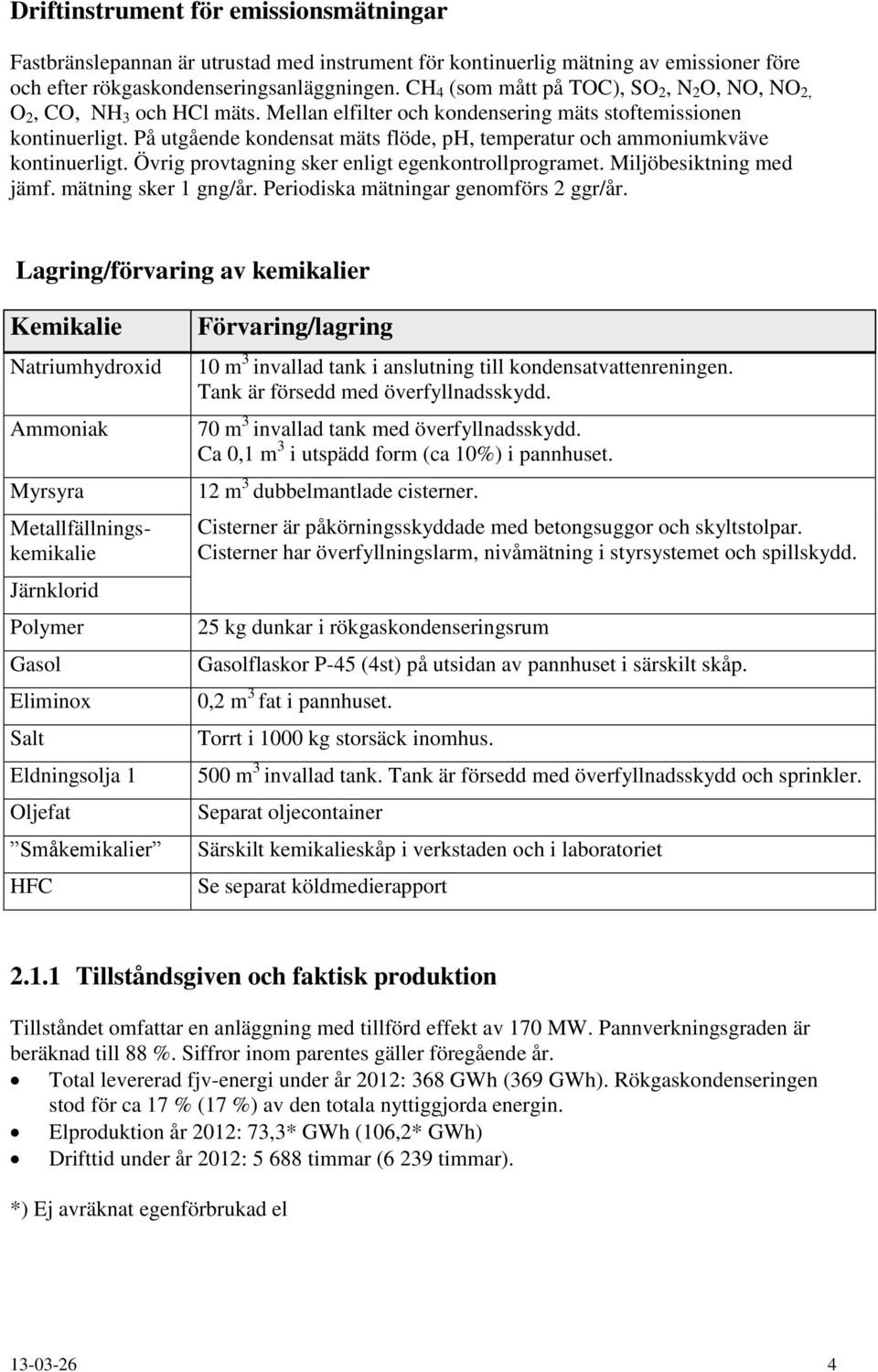 På utgående kondensat mäts flöde, ph, temperatur och ammoniumkväve kontinuerligt. Övrig provtagning sker enligt egenkontrollprogramet. Miljöbesiktning med jämf. mätning sker 1 gng/år.