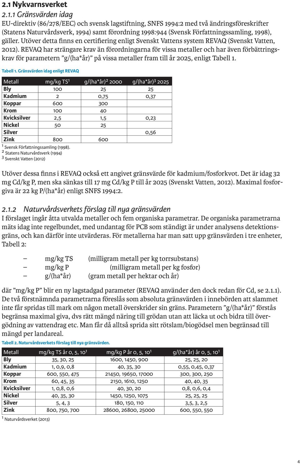 REVAQ har strängare krav än förordningarna för vissa metaller och har även förbättringskrav för parametern g/(ha*år) på vissa metaller fram till år 2025, enligt Tabell 1.