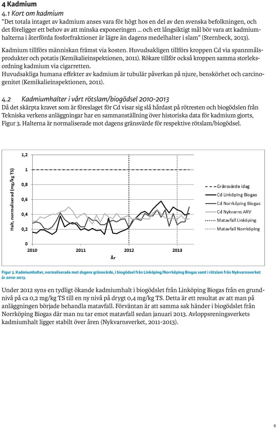 att kadmiumhalterna i återförda fosforfraktioner är lägre än dagens medelhalter i slam (Sternbeck, 2013). Kadmium tillförs människan främst via kosten.