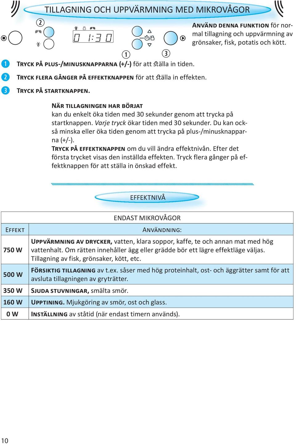 Varje tryck ökar tiden med 30 sekunder. Du kan också minska eller öka tiden genom att trycka på plus-/minusknapparna (+/-). TRYCK PÅ EFFEKTKNAPPEN om du vill ändra effektnivån.