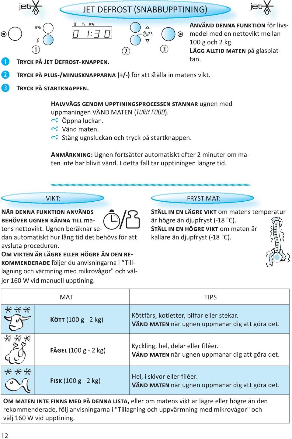 ANVÄND DENNA FUNKTION för livsmedel med en nettovikt mellan 100 g och 2 kg. LÄGG ALLTID MATEN på glasplattan. ANMÄRKNING: Ugnen fortsätter automatiskt efter 2 minuter om maten inte har blivit vänd.