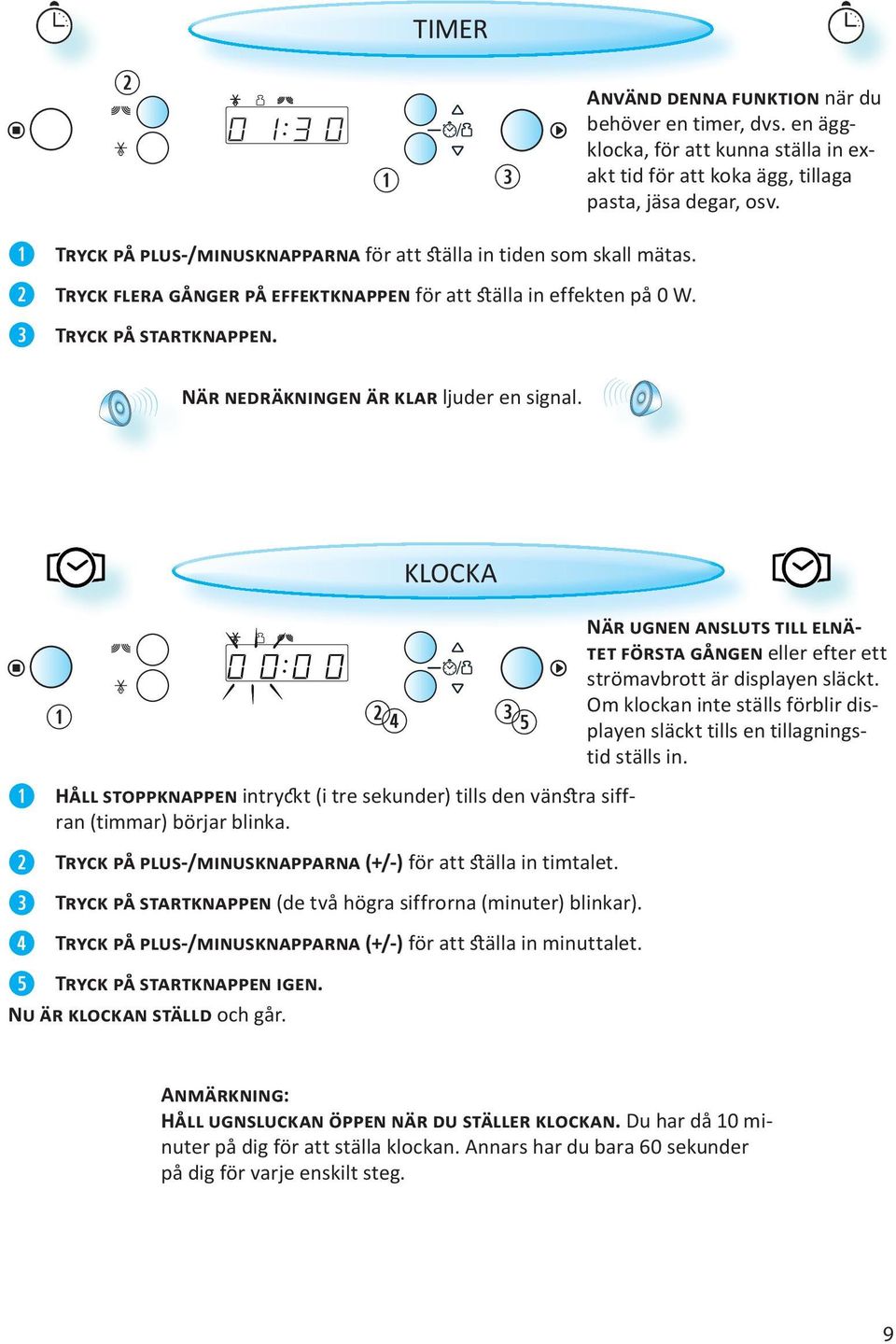 KLOCKA HÅLL STOPPKNAPPEN intryckt (i tre sekunder) tills den vänra siffran (timmar) börjar blinka. TRYCK PÅ PLUS-/MINUSKNAPPARNA (+/-) för att älla in timtalet.