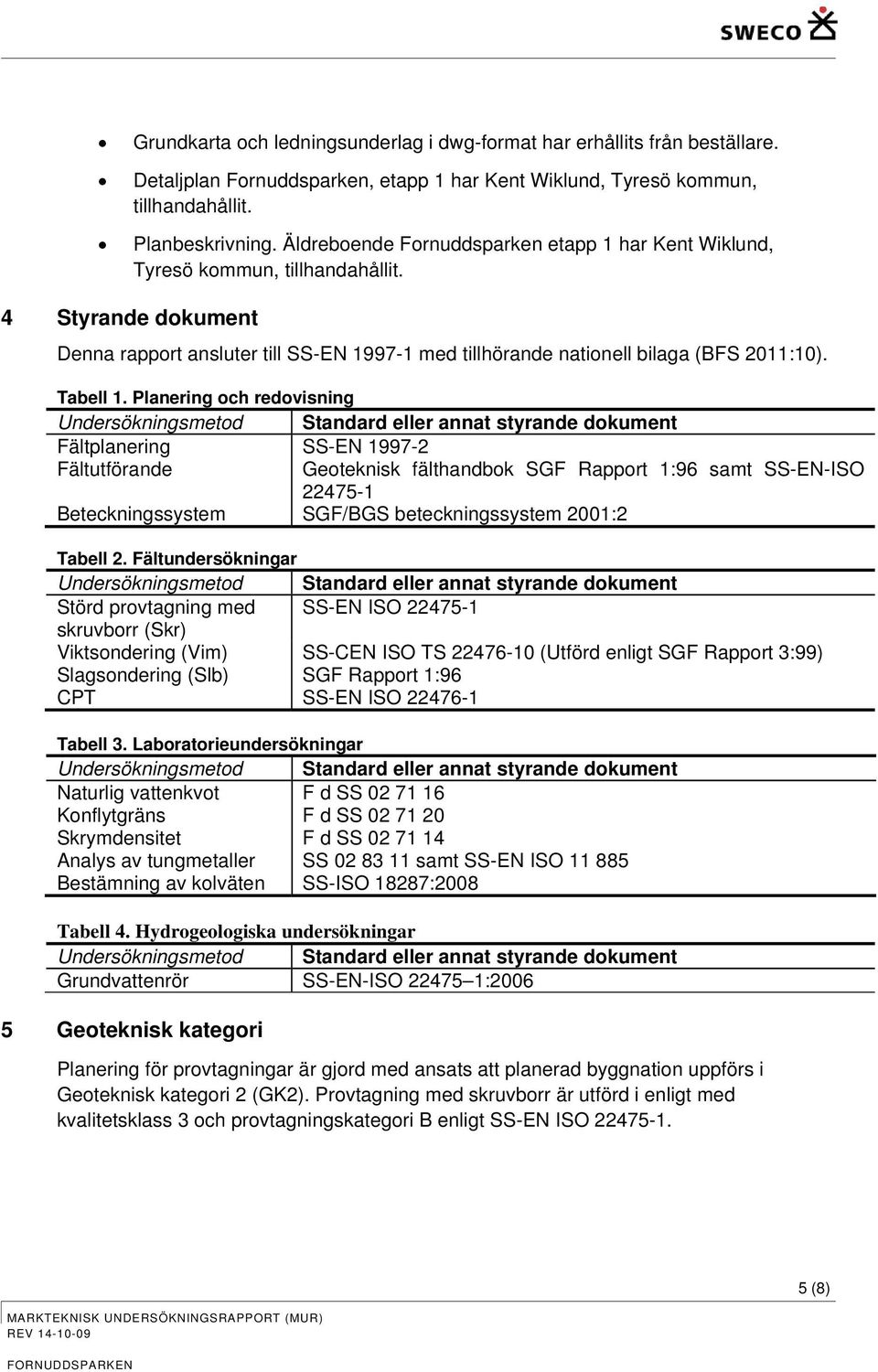 Planering ch redvisning Undersökningsmetd Standard eller annat styrande dkument ältplanering SS-EN 1997-2 ältutförande Geteknisk fälthandbk SG Rapprt 1:96 samt SS-EN-ISO 22475-1 Beteckningssystem