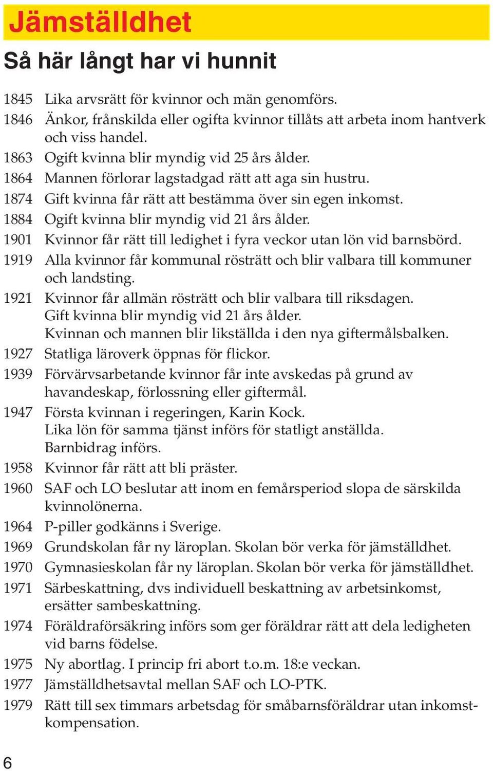 1884 Ogift kvinna blir myndig vid 21 års ålder. 1901 Kvinnor får rätt till ledighet i fyra veckor utan lön vid barnsbörd.