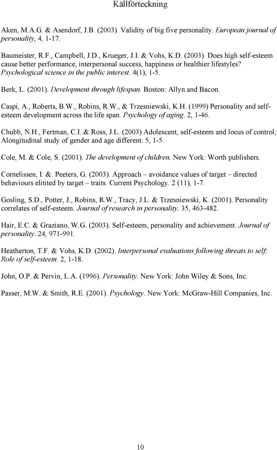 (1999) Personality and selfesteem development across the life span. Psychology of aging. 2, 1-46. Chubb, N.H., Fertman, C.I. & Ross, J.L.