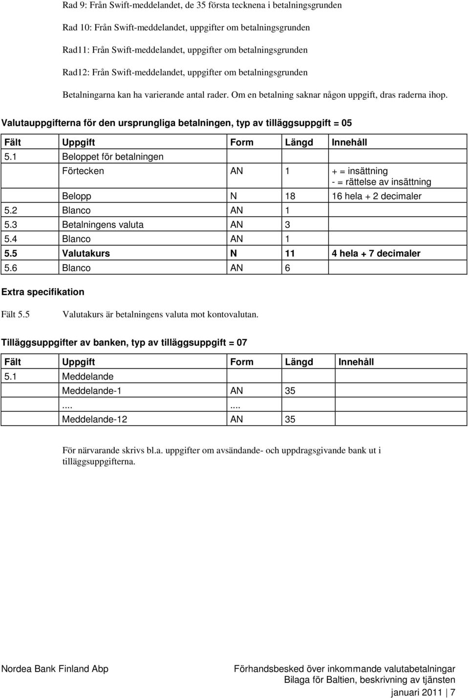 Valutauppgifterna för den ursprungliga betalningen, typ av tilläggsuppgift = 05 5.