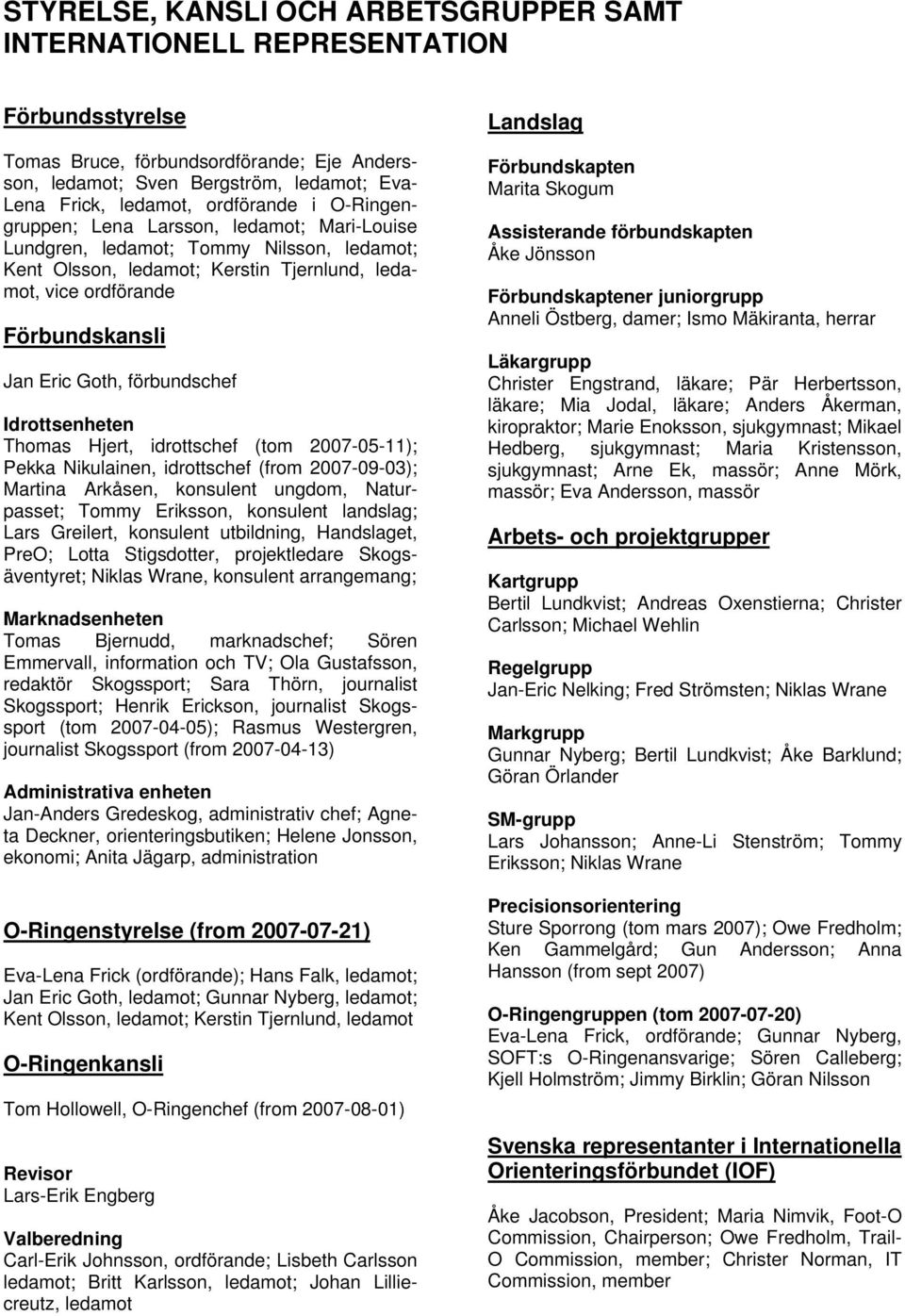 Goth, förbundschef Idrottsenheten Thomas Hjert, idrottschef (tom 2007-05-11); Pekka Nikulainen, idrottschef (from 2007-09-03); Martina Arkåsen, konsulent ungdom, Naturpasset; Tommy Eriksson,