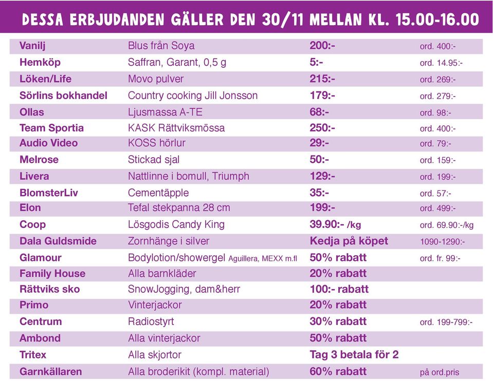 79:- Melrose Stickad sjal 50:- ord. 159:- Livera Nattlinne i bomull, Triumph 129:- ord. 199:- BlomsterLiv Cementäpple 35:- ord. 57:- Elon Tefal stekpanna 28 cm 199:- ord.